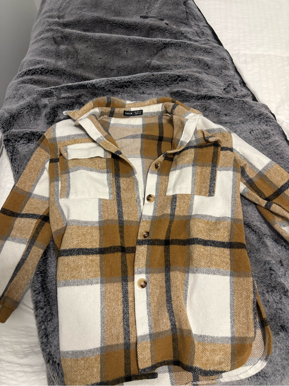 SHEIN Tan and White Plaid Button-Front Shacket
